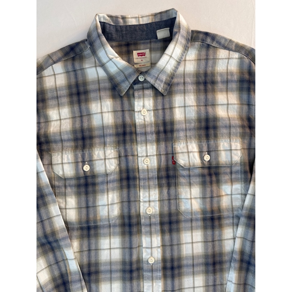 Levi's Mens XL Relaxed Fit Plaid Button Down Shirt Blue White Cotton Long Sleeve
